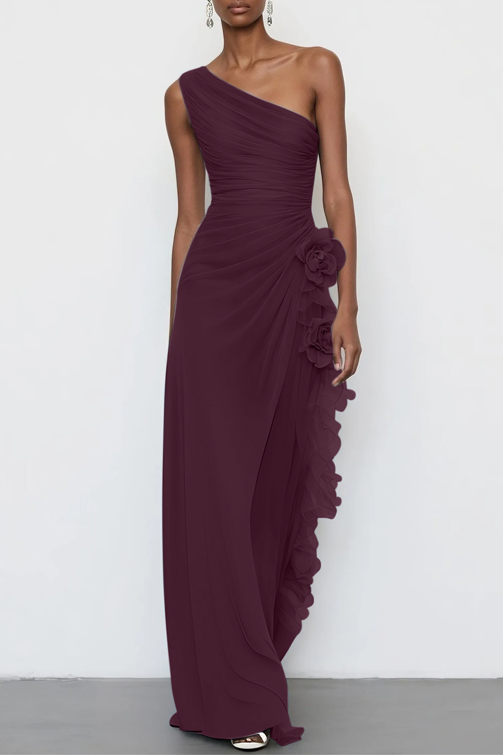 3D Floral Chiffon One Shoulder Sleeveless Sheath Maxi Dress