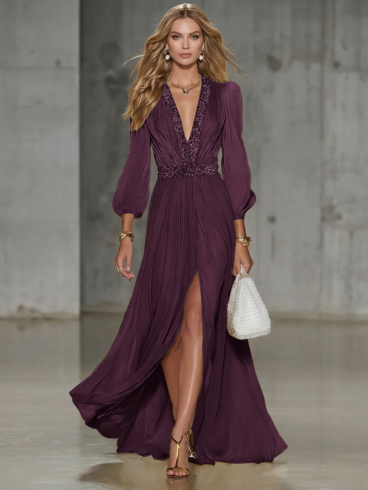 Elegant Beige Chiffon V-neck With Rhinestone Embellishments And A Side Slit Maxi Dress