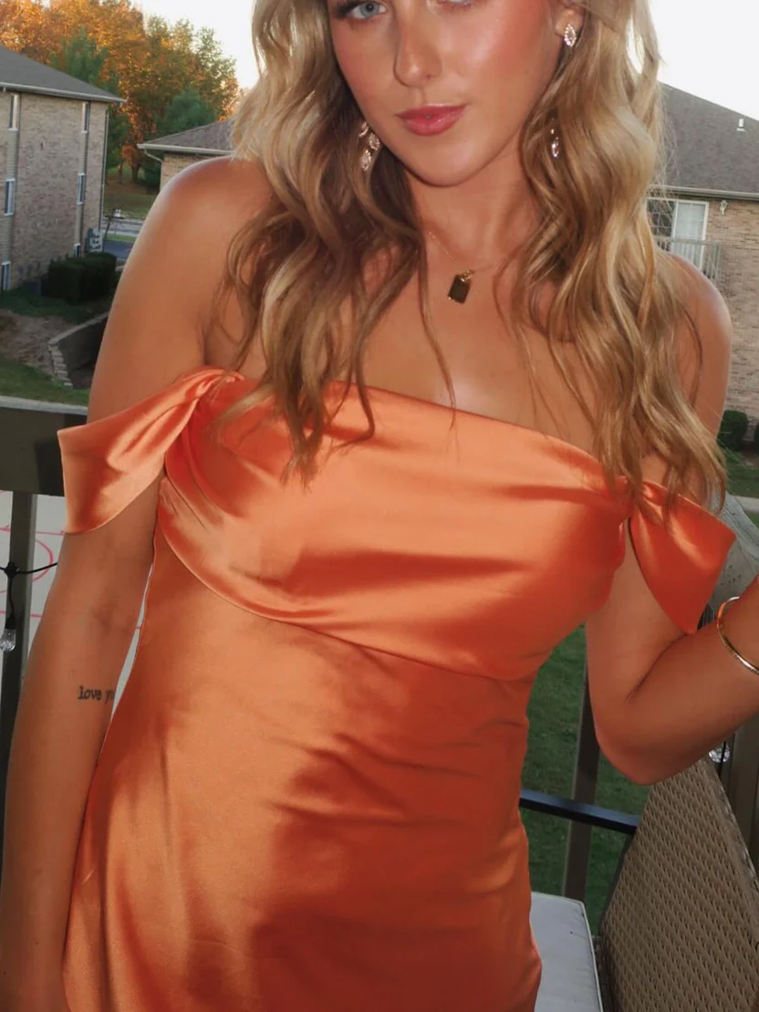 Orange Satin Off Shoulder Mini Dress Deep Open Back Flowy A-Line Party Dress