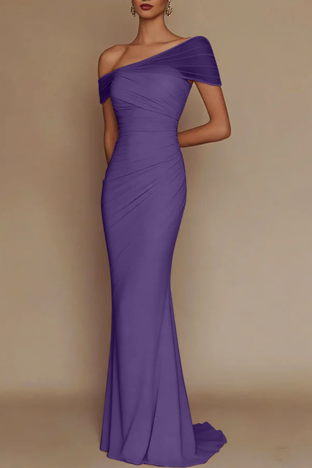 Blush Pink One-Shoulder Mesh-Patched Pleated Mermaid Maxi Dress