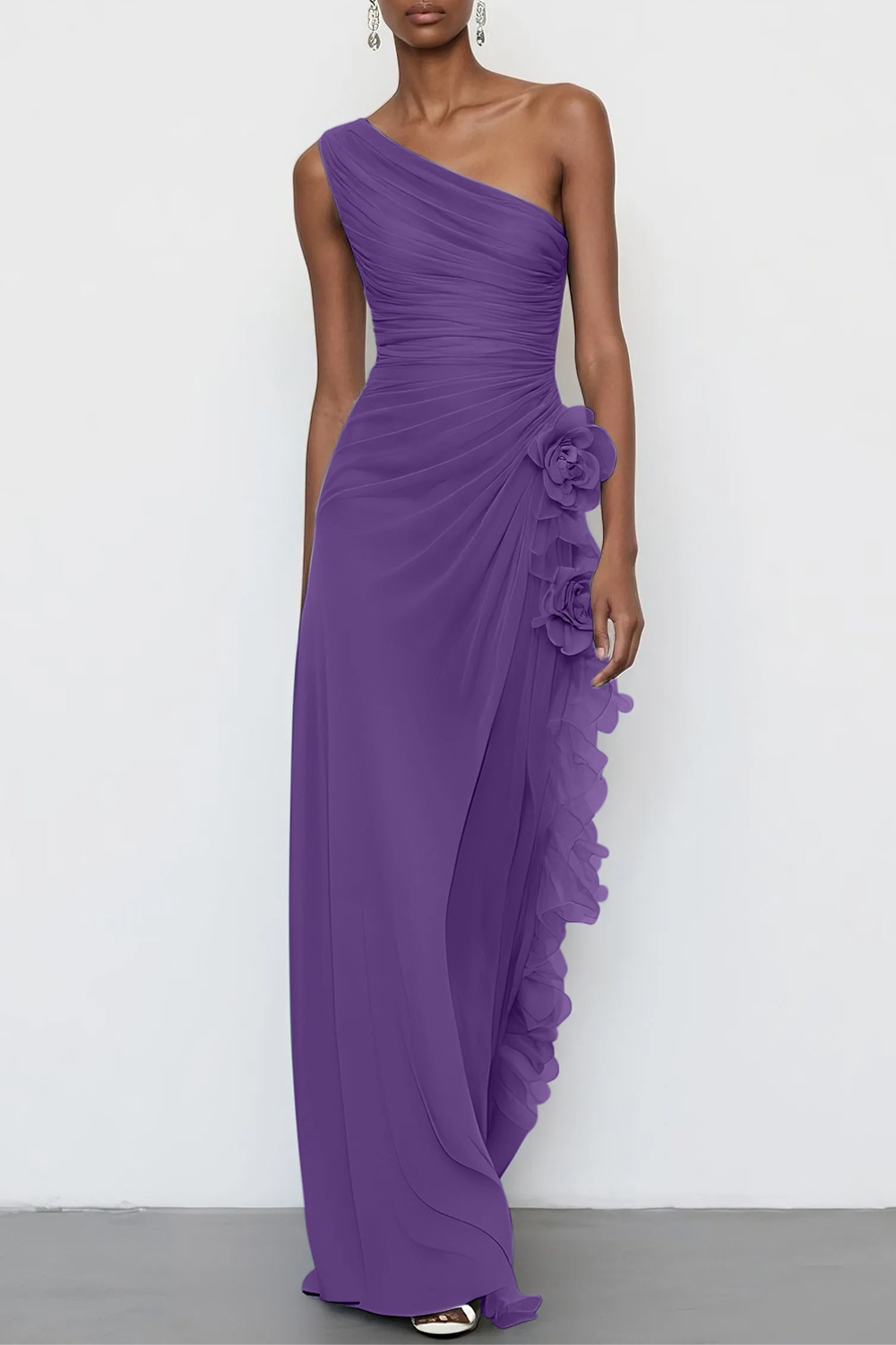 3D Floral Chiffon One Shoulder Sleeveless Sheath Maxi Dress