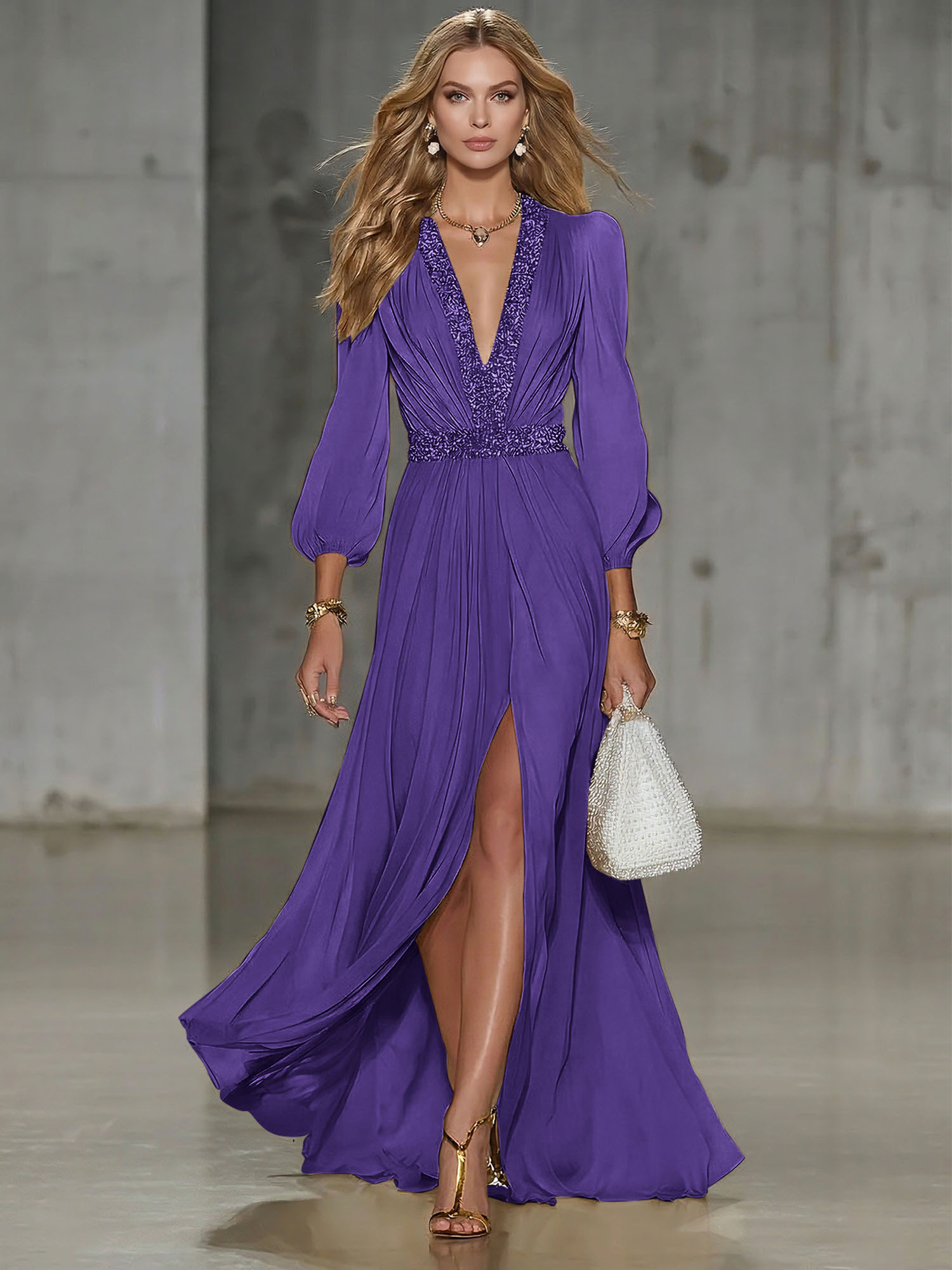 Elegant Beige Chiffon V-neck With Rhinestone Embellishments And A Side Slit Maxi Dress