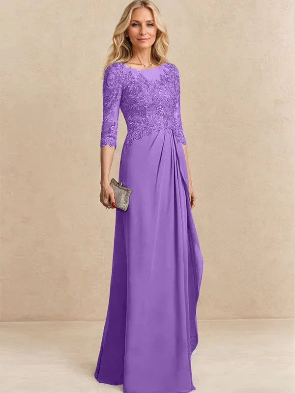 A-line Scoop Illusion Floor-Length Chiffon Lace Mother of the Bride Dress With Beading Sequins Cascading Ruffles