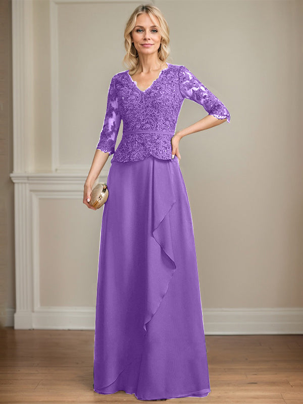 A-line V-Neck Floor-Length Lace Chiffon Mother of the Bride Dress With Cascading Ruffles Sequins
