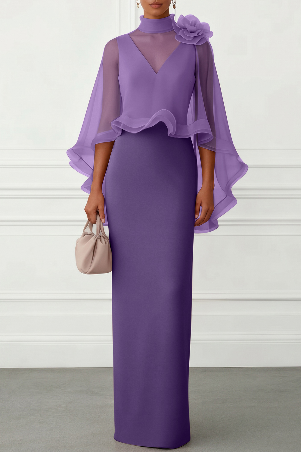 Nudepink 3D Floral Mesh Classic Mock Neck Half Sleeve Sheath Floor-length Gown Dress
