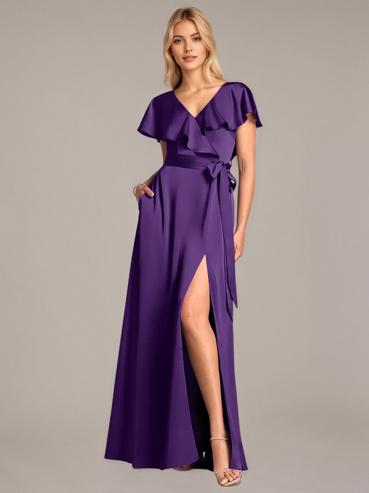 A Line Satin V Neck Short Sleeves Floor Length Dresses With Ruffles