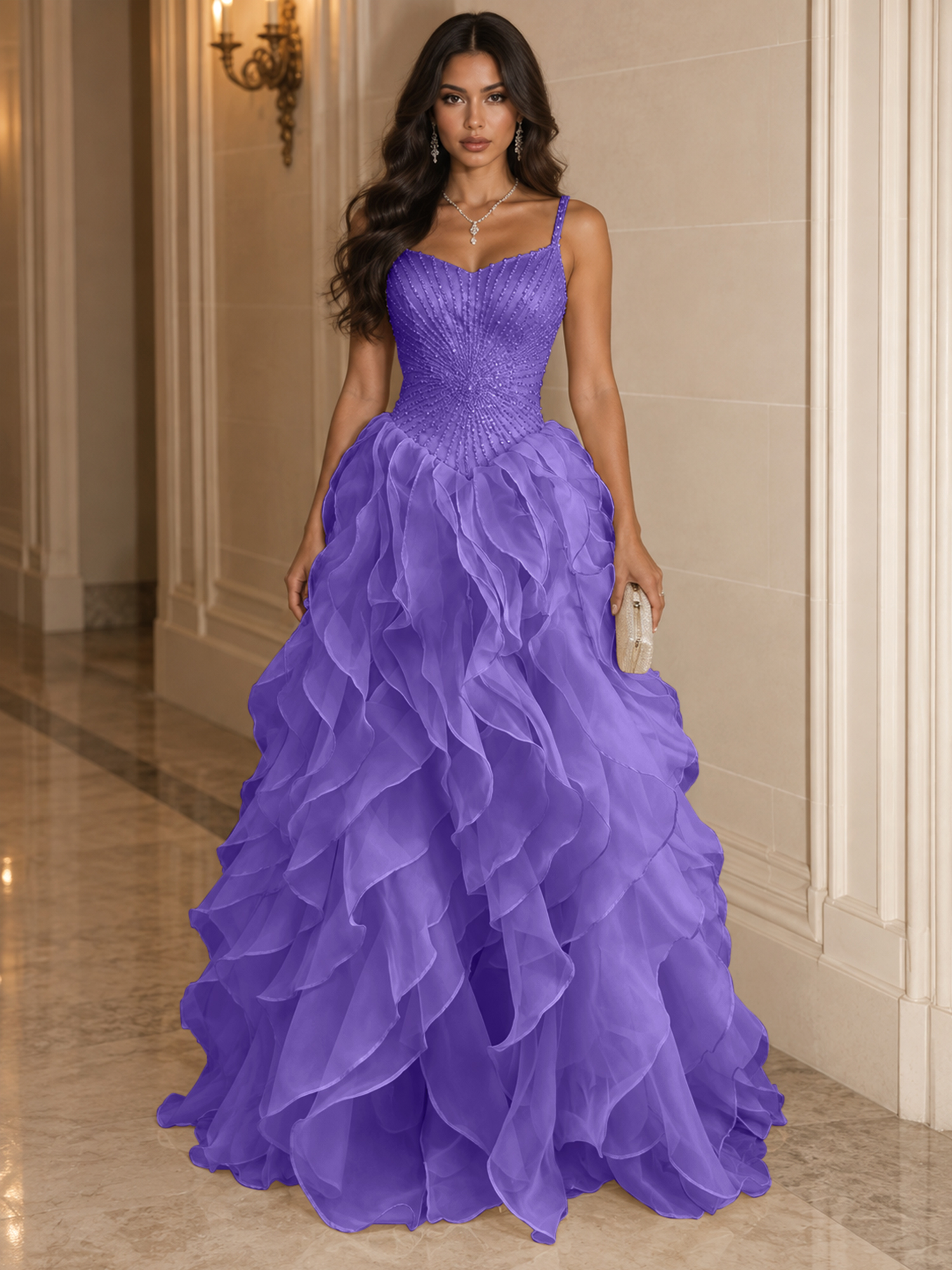Spaghetti Straps Pleated Luxurious Maxi Evening Dresses with Beadings
