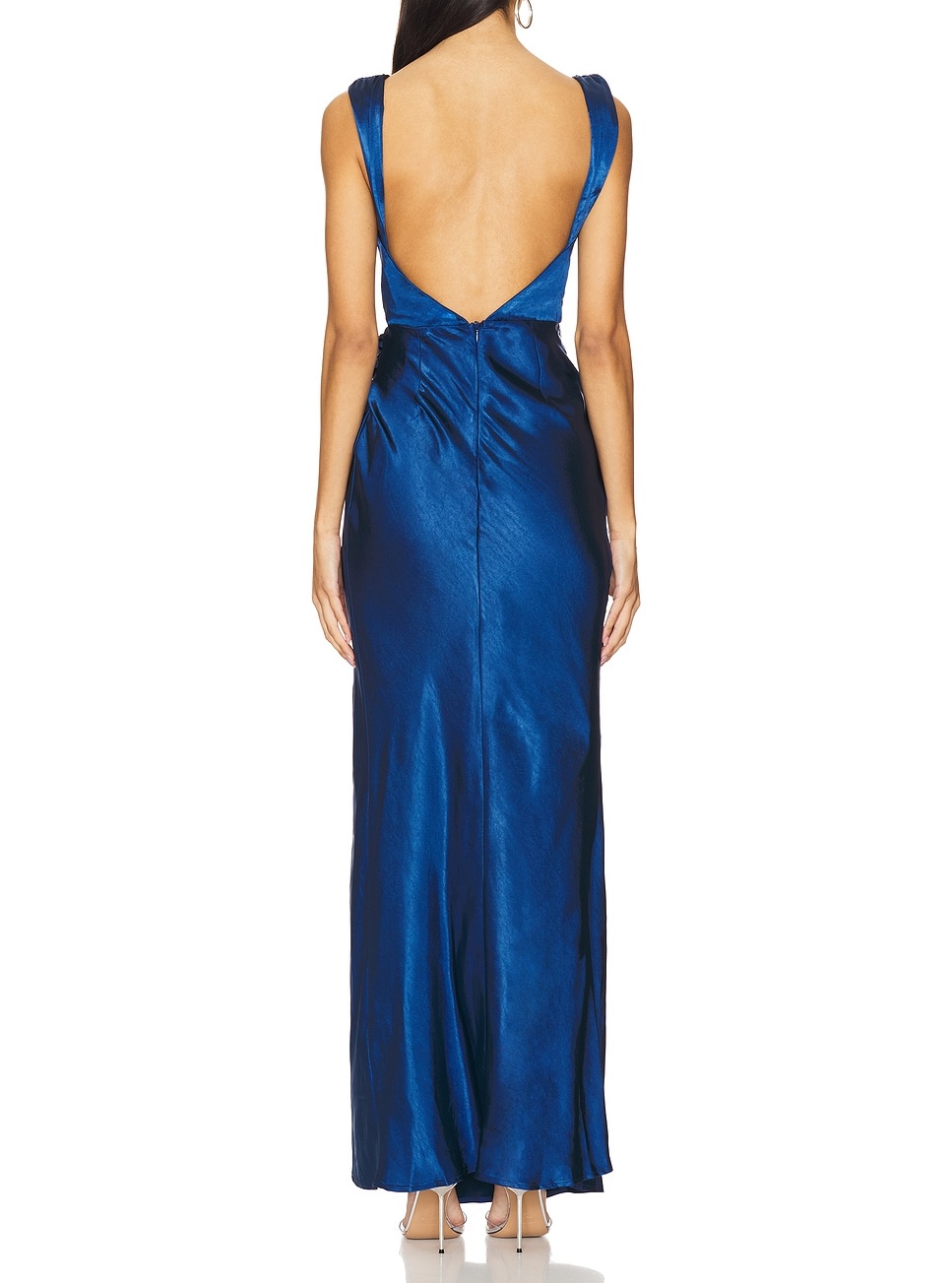 Elegant Evening Gown: Navy Blue Silky Cowl Neck Dress