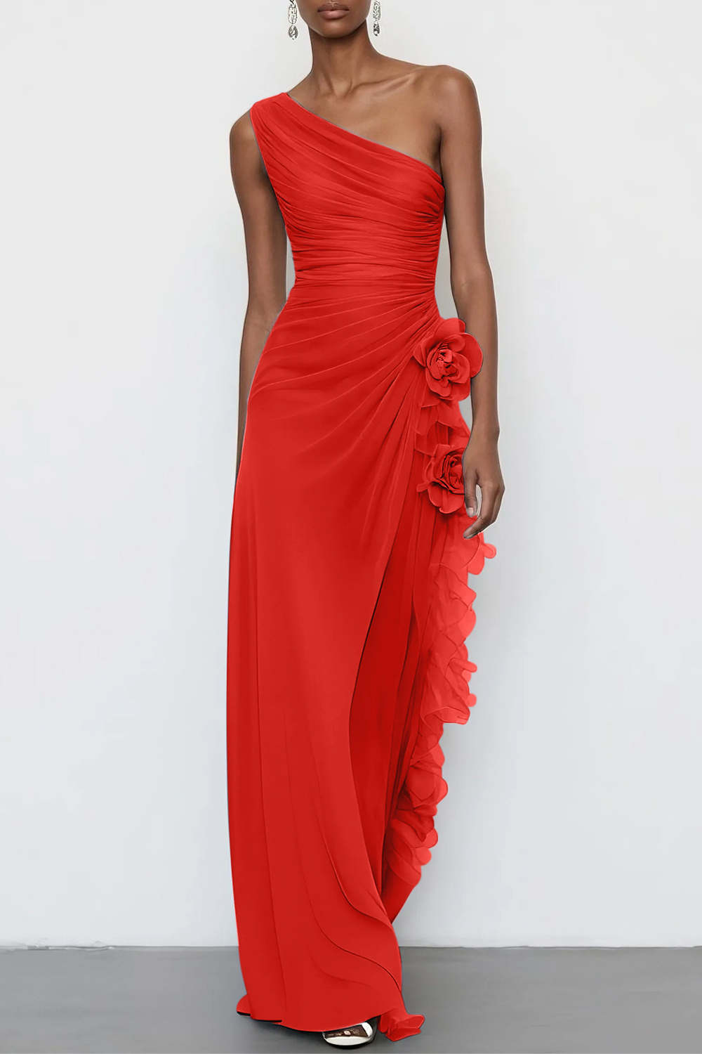 3D Floral Chiffon One Shoulder Sleeveless Sheath Maxi Dress