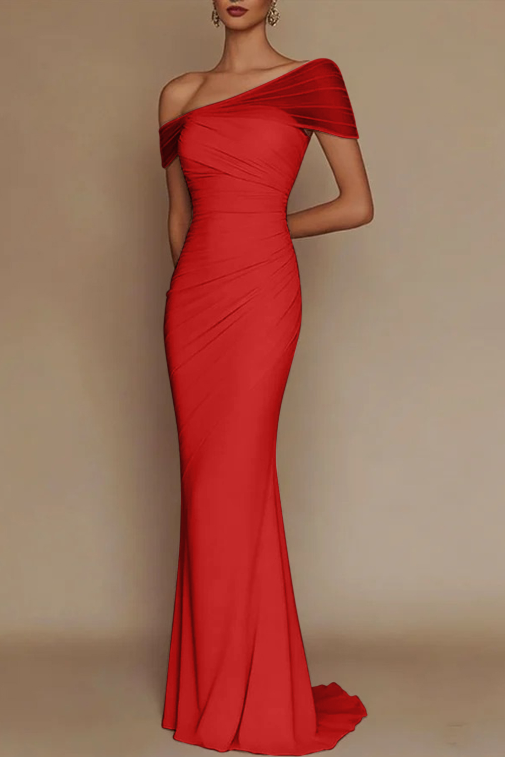 Blush Pink One-Shoulder Mesh-Patched Pleated Mermaid Maxi Dress