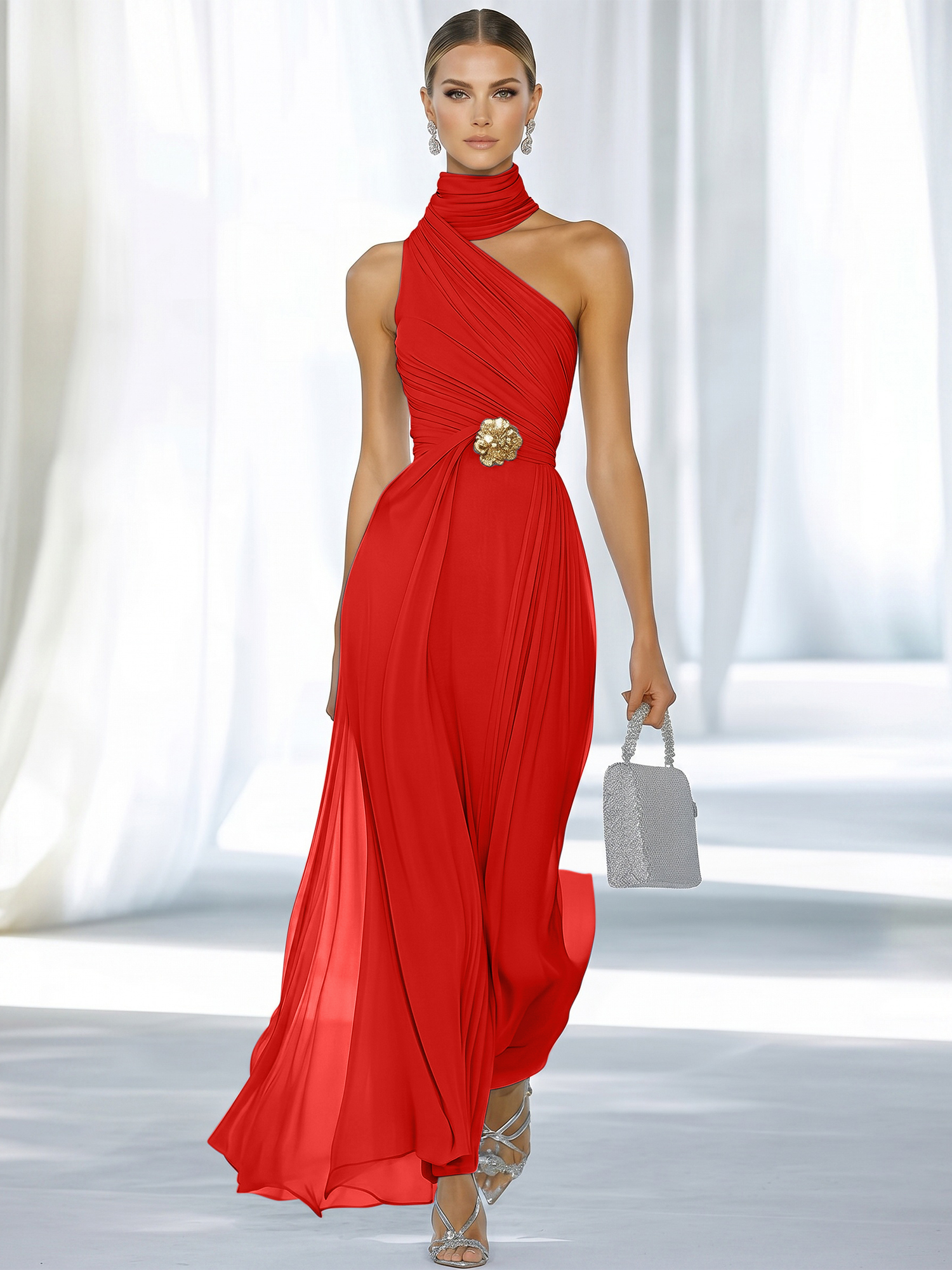 Sky Blue One-Shoulder High-Neck Ruched Chiffon Maxi Dress