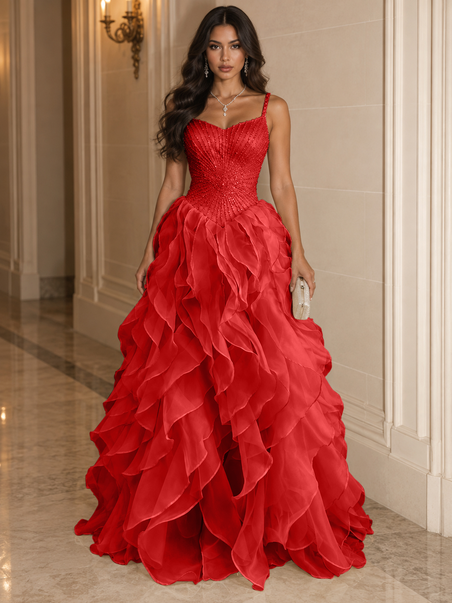 Spaghetti Straps Pleated Luxurious Maxi Evening Dresses with Beadings