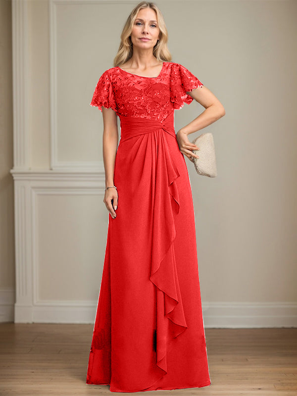 A-line Asymmetrical Illusion Floor-Length Lace Chiffon Mother of the Bride Dress With Cascading Ruffles Sequins