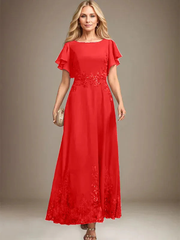 A-line Scoop Ankle-Length Lace Chiffon Mother of the Bride Dress With Sequins