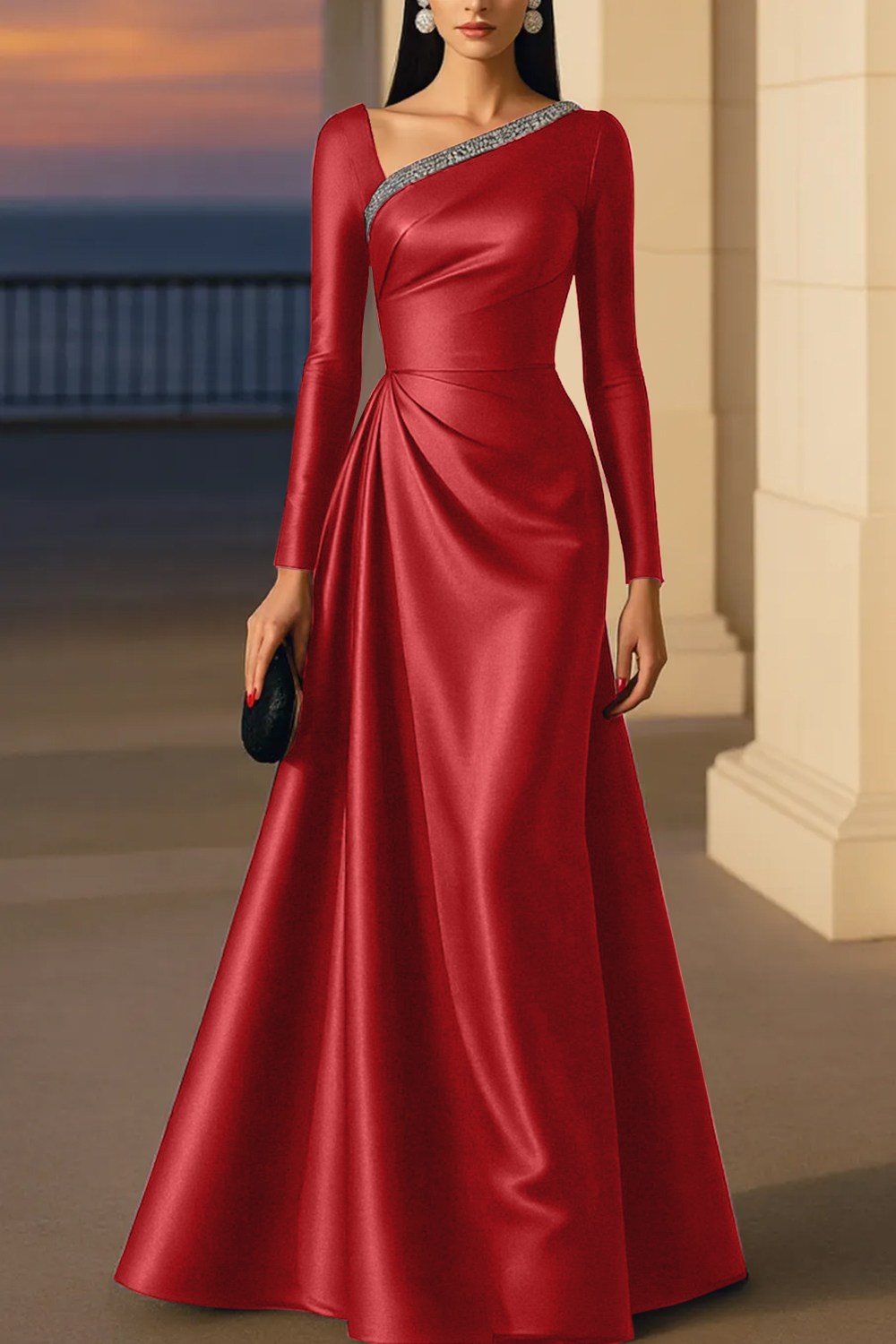 Evening Formal Burgundy Dress Asymmetrical Neck Long Sleeve Maxi Gown