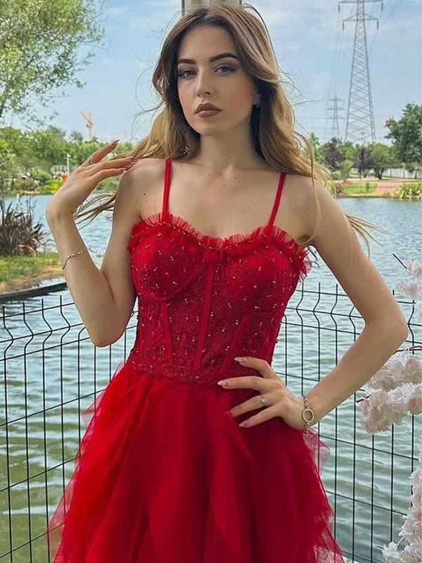 Red Mermaid Spaghetti Straps Tulle Long Prom Dress with Ruffles