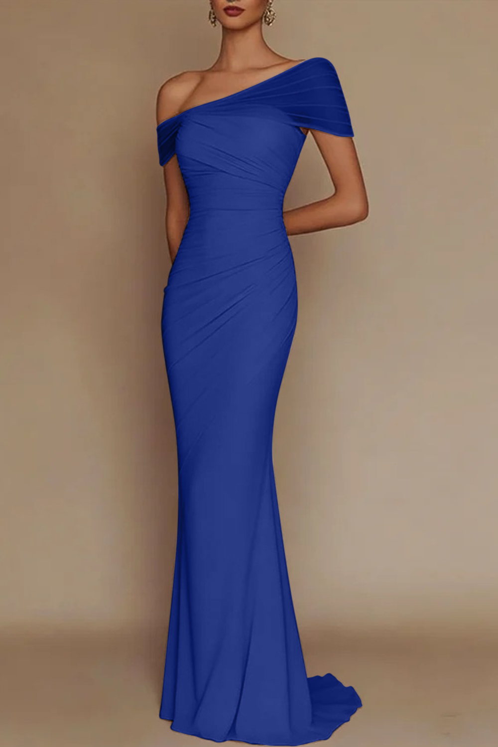 Blush Pink One-Shoulder Mesh-Patched Pleated Mermaid Maxi Dress