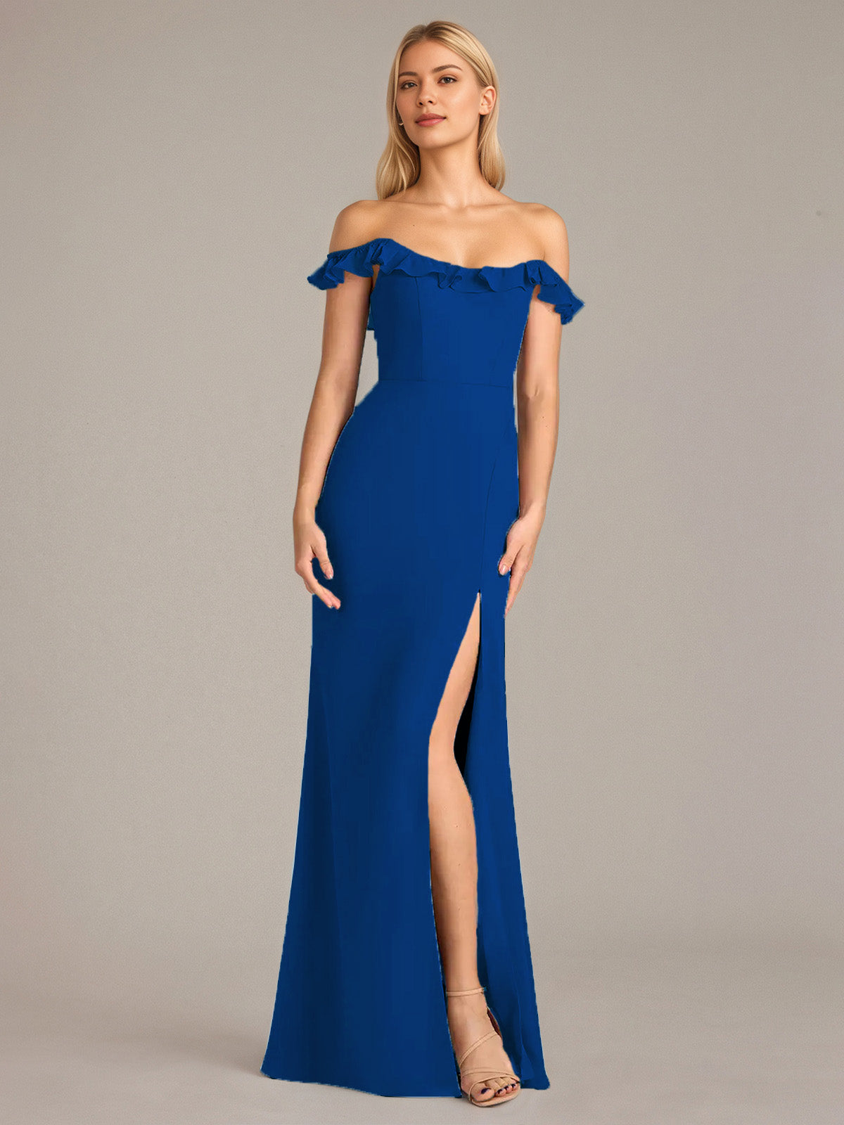 Sheath/Column Chiffon Off The Shoulder Sleeveless Floor Length Dresses With Ruffles