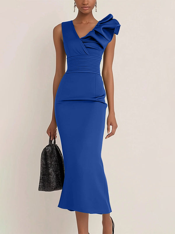 Work Semi-Formal Dress Green Sleeveless Ruffle Fitted Midi Dress