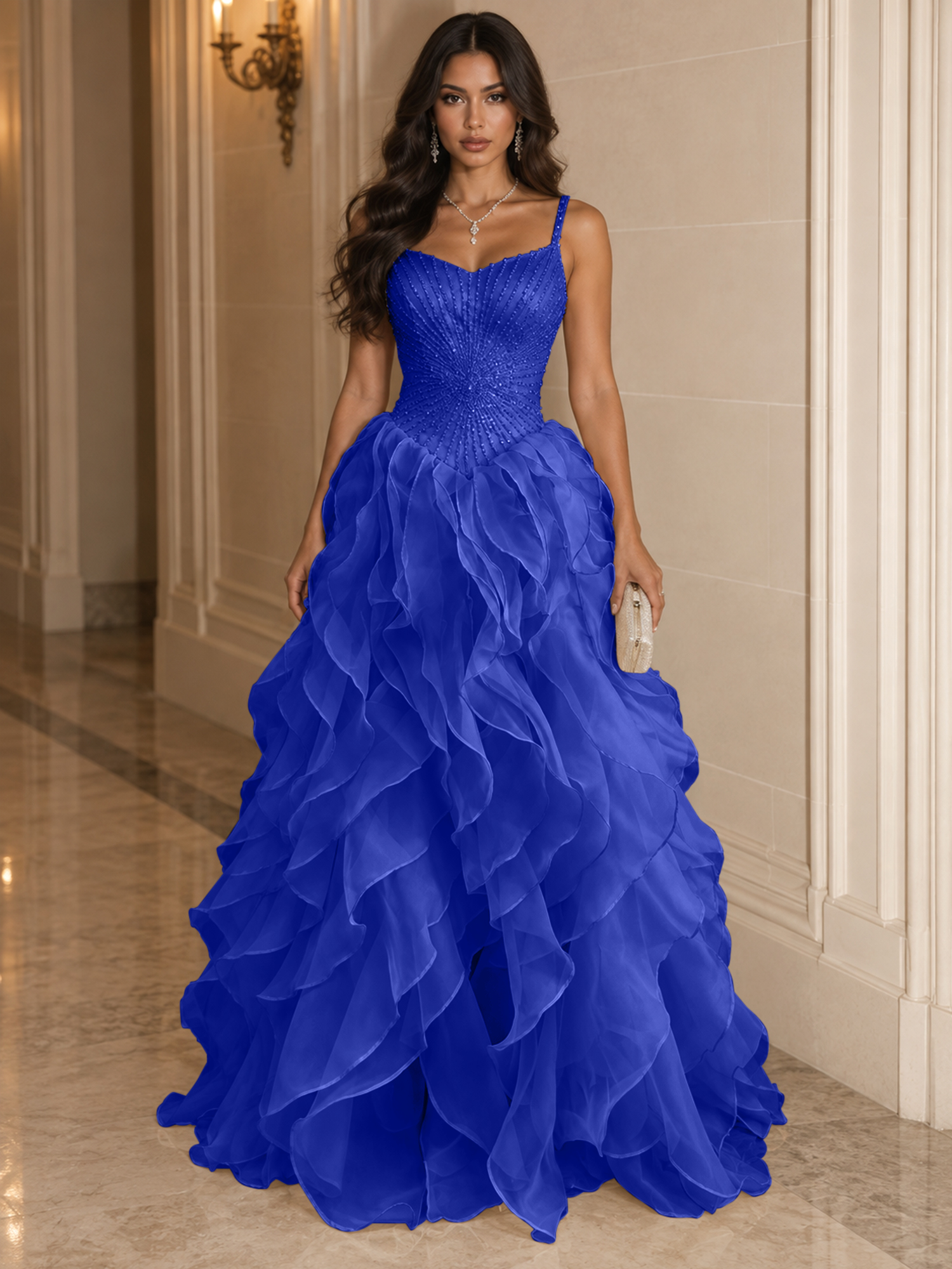 Spaghetti Straps Pleated Luxurious Maxi Evening Dresses with Beadings
