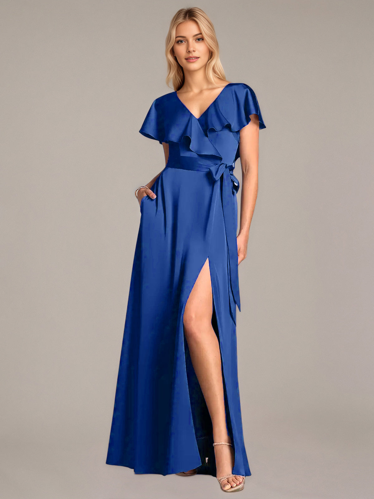 A Line Satin V Neck Short Sleeves Floor Length Dresses With Ruffles