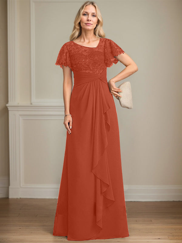A-line Asymmetrical Illusion Floor-Length Lace Chiffon Mother of the Bride Dress With Cascading Ruffles Sequins