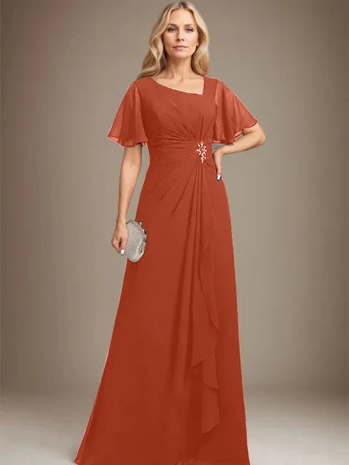 A-line Asymmetrical Floor-Length Chiffon Mother of the Bride Dress With Pleated Beading Sequins