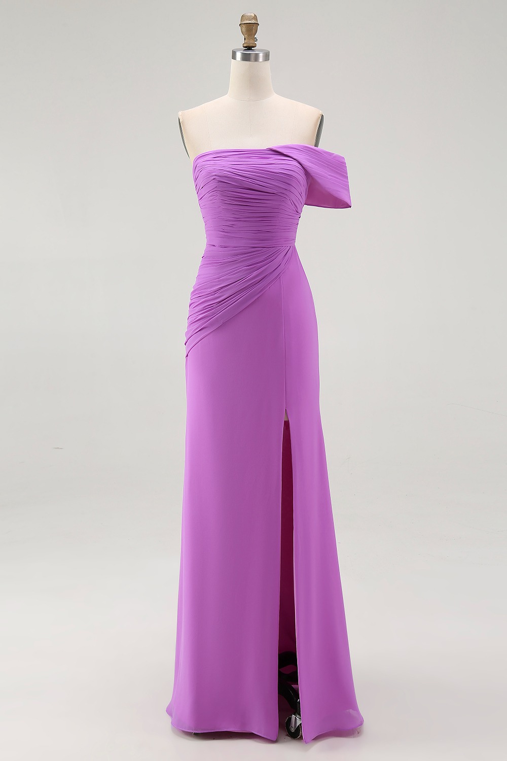 Chiffon Purple Ruched Sheath Formal Dress with Slit