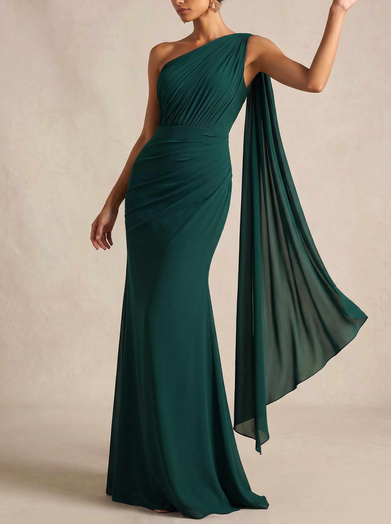 Emerald Green Chiffon One Shoulder Draped Cape Mermaid Evening Gown
