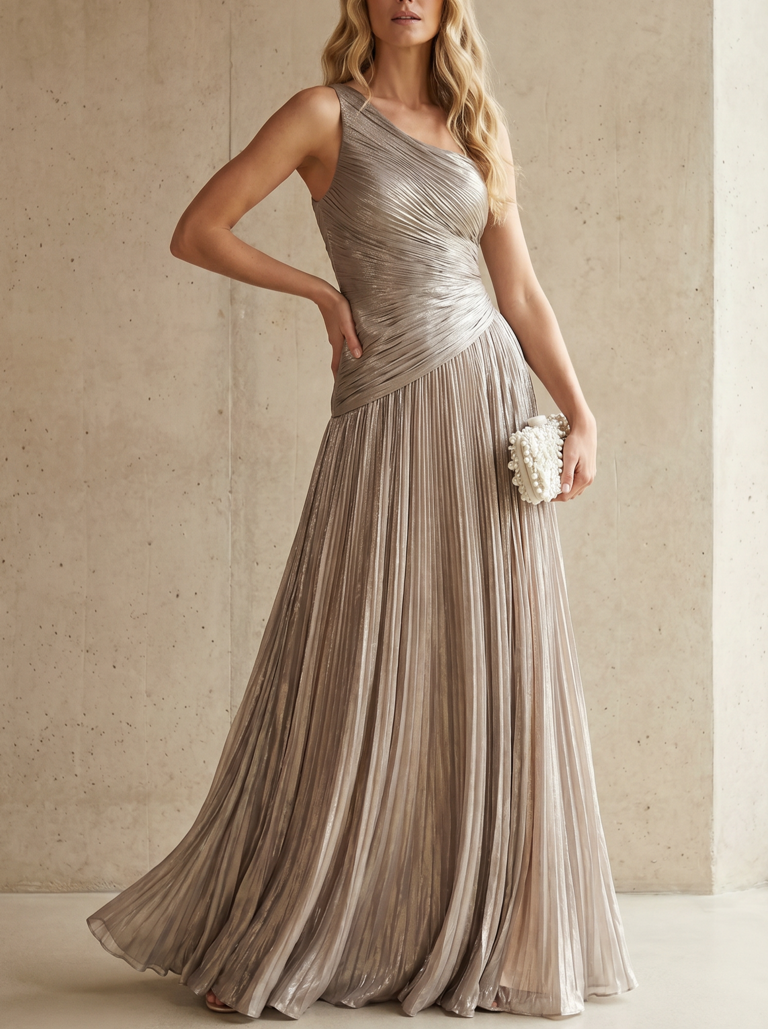 Champagne Metallic One Shoulder Pleated Floor Length Evening Gown