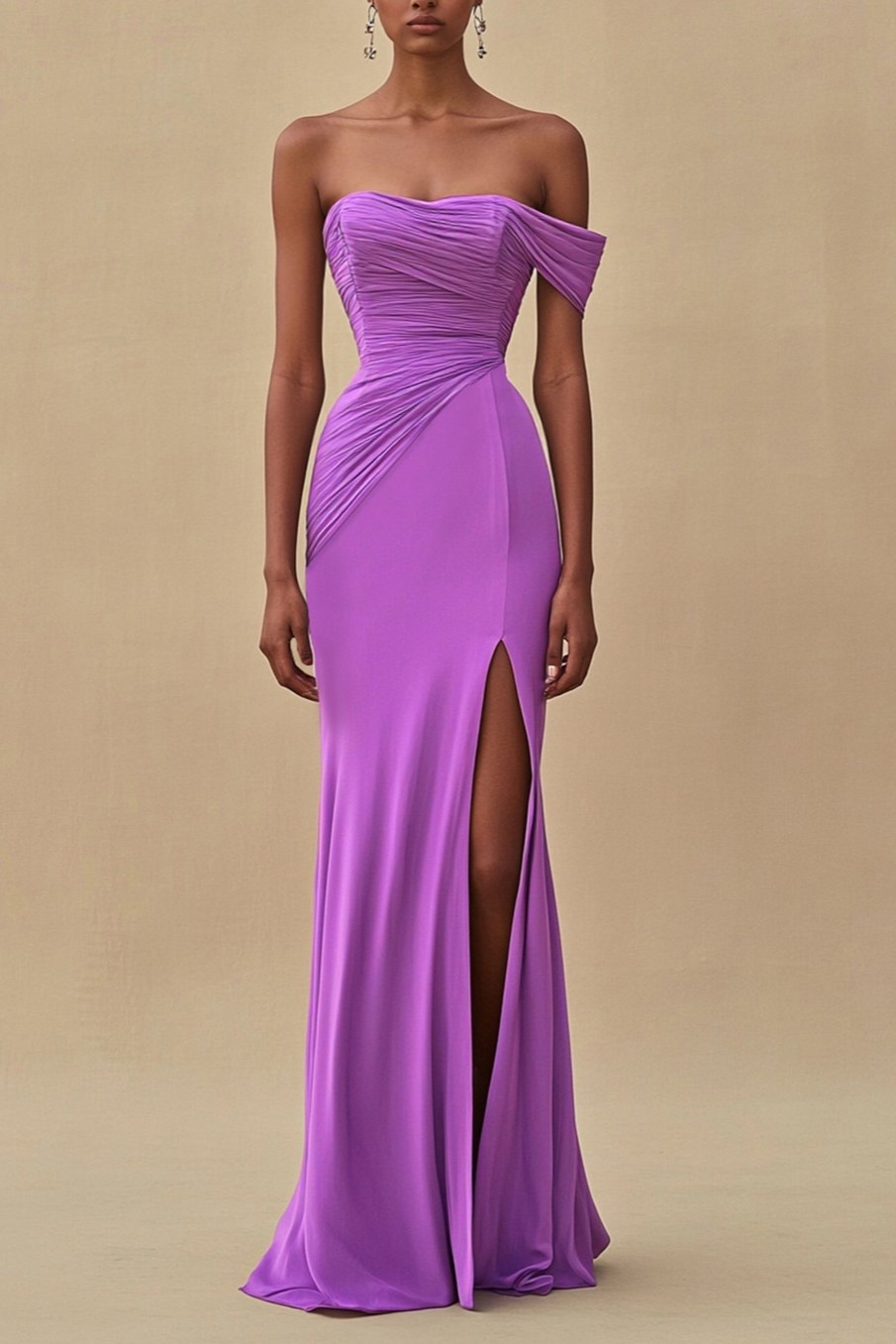 Chiffon Purple Ruched Sheath Formal Dress with Slit