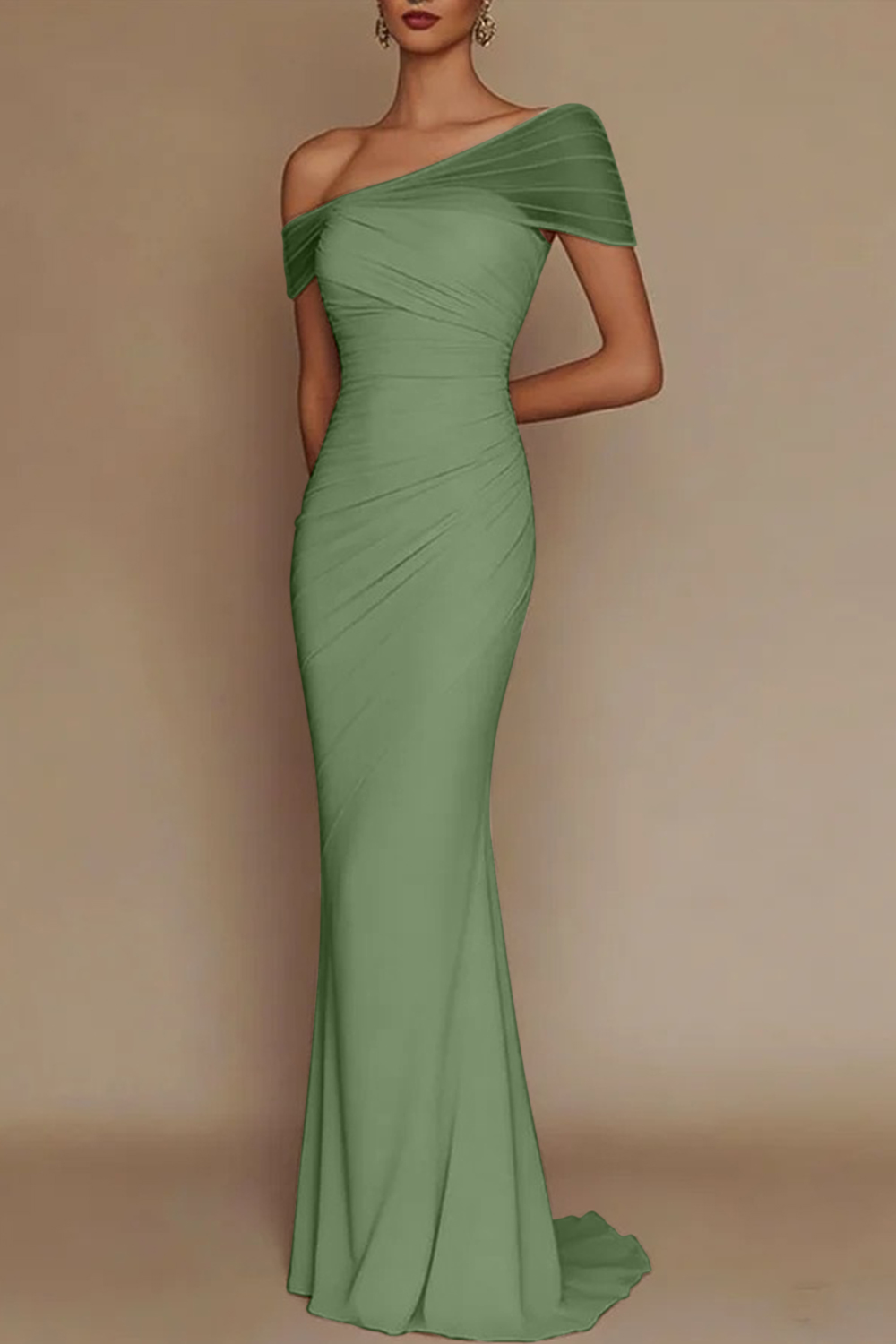 Blush Pink One-Shoulder Mesh-Patched Pleated Mermaid Maxi Dress