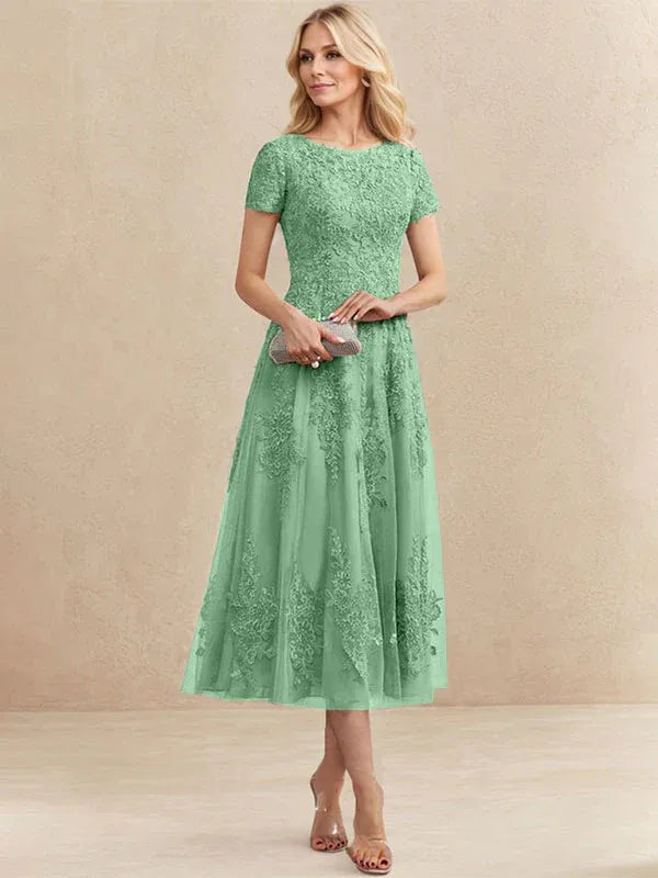 A-line Scoop Tea-Length Tulle Lace Mother of the Bride Dress
