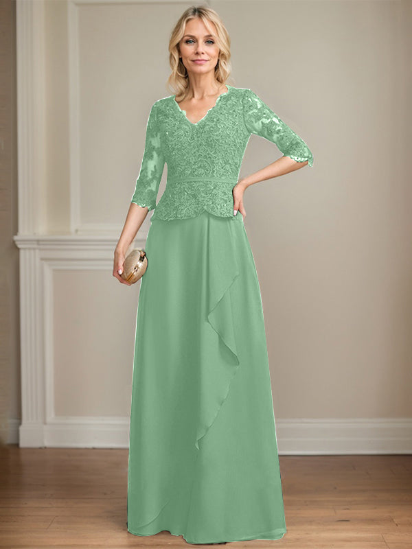 A-line V-Neck Floor-Length Lace Chiffon Mother of the Bride Dress With Cascading Ruffles Sequins