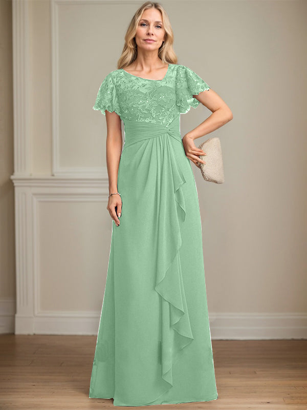 A-line Asymmetrical Illusion Floor-Length Lace Chiffon Mother of the Bride Dress With Cascading Ruffles Sequins
