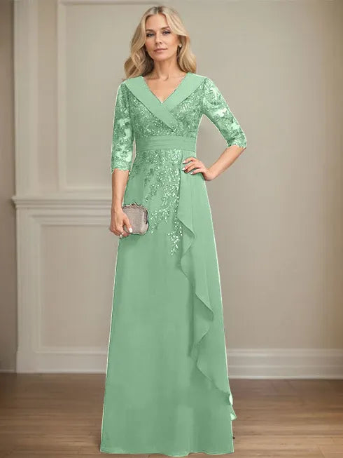 A-line Collared V-Neck Floor-Length Lace Chiffon Mother of the Bride Dress With Sequins Cascading Ruffles
