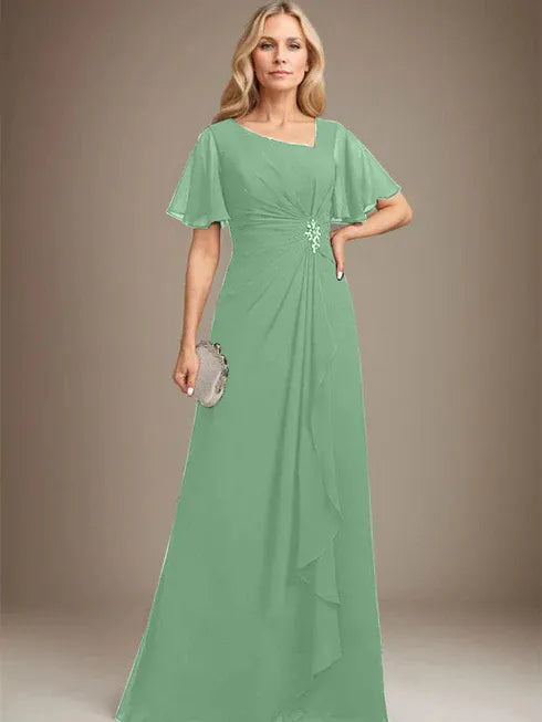 A-line Asymmetrical Floor-Length Chiffon Mother of the Bride Dress With Pleated Beading Sequins