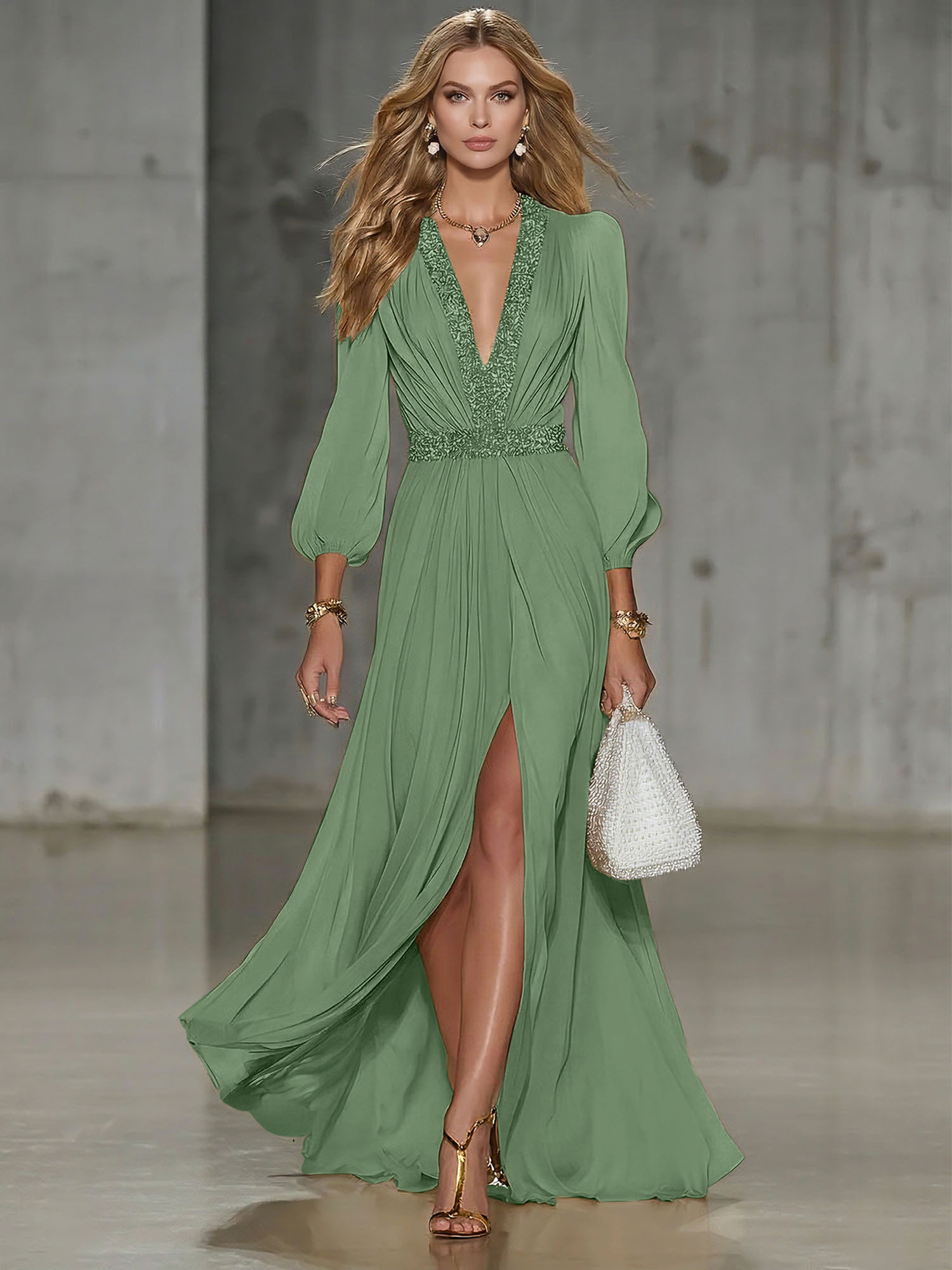 Elegant Beige Chiffon V-neck With Rhinestone Embellishments And A Side Slit Maxi Dress