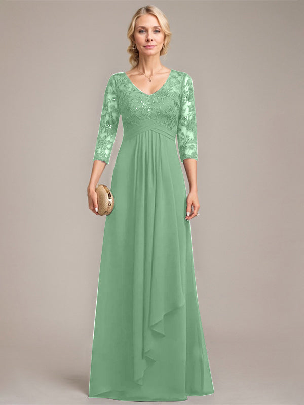 A-line V-Neck Floor-Length Lace Chiffon Mother of the Bride Dress With Cascading Ruffles Sequins