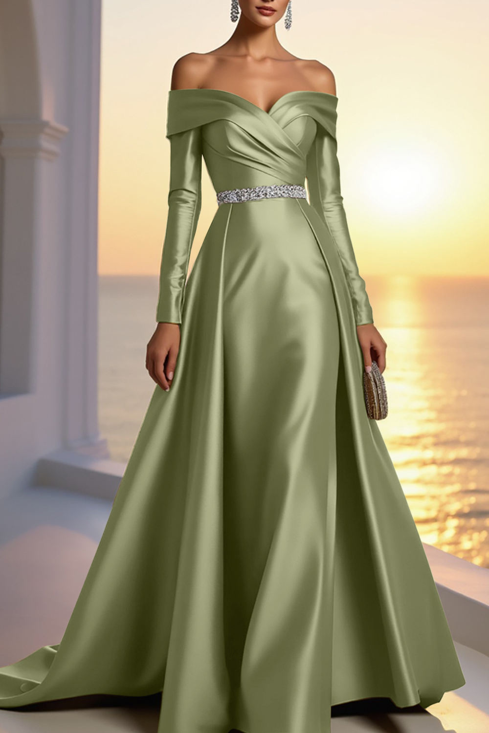 Formal Champagne Satin Dress Off The Shoulder Long Sleeve Maxi Gown