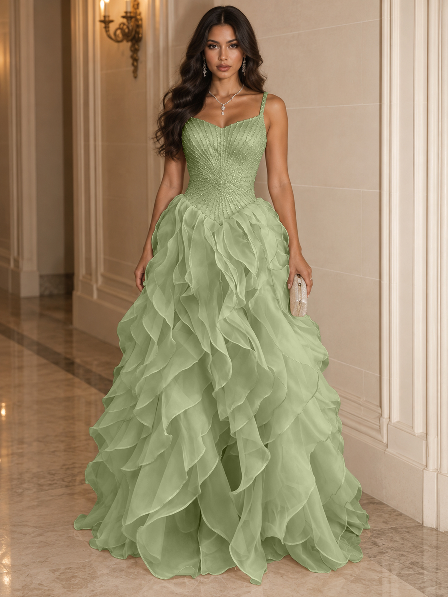 Spaghetti Straps Pleated Luxurious Maxi Evening Dresses with Beadings
