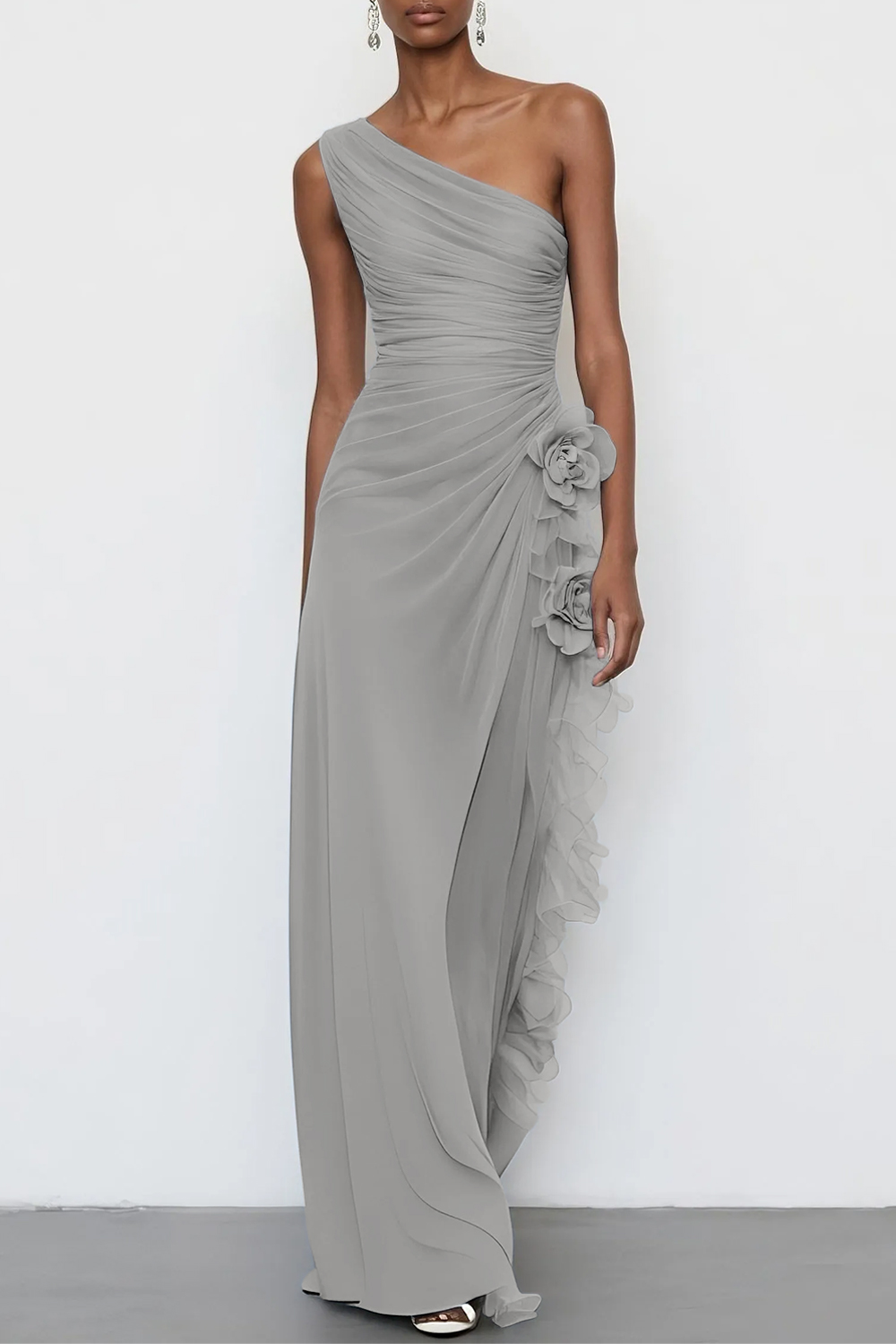 3D Floral Chiffon One Shoulder Sleeveless Sheath Maxi Dress