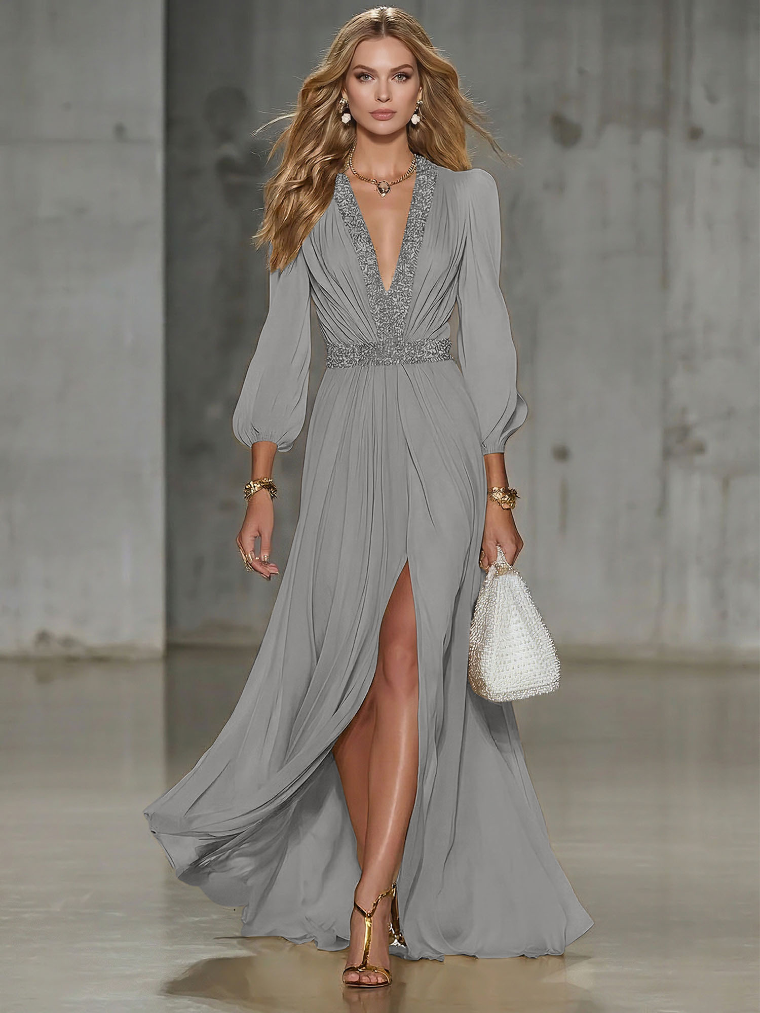 Elegant Beige Chiffon V-neck With Rhinestone Embellishments And A Side Slit Maxi Dress