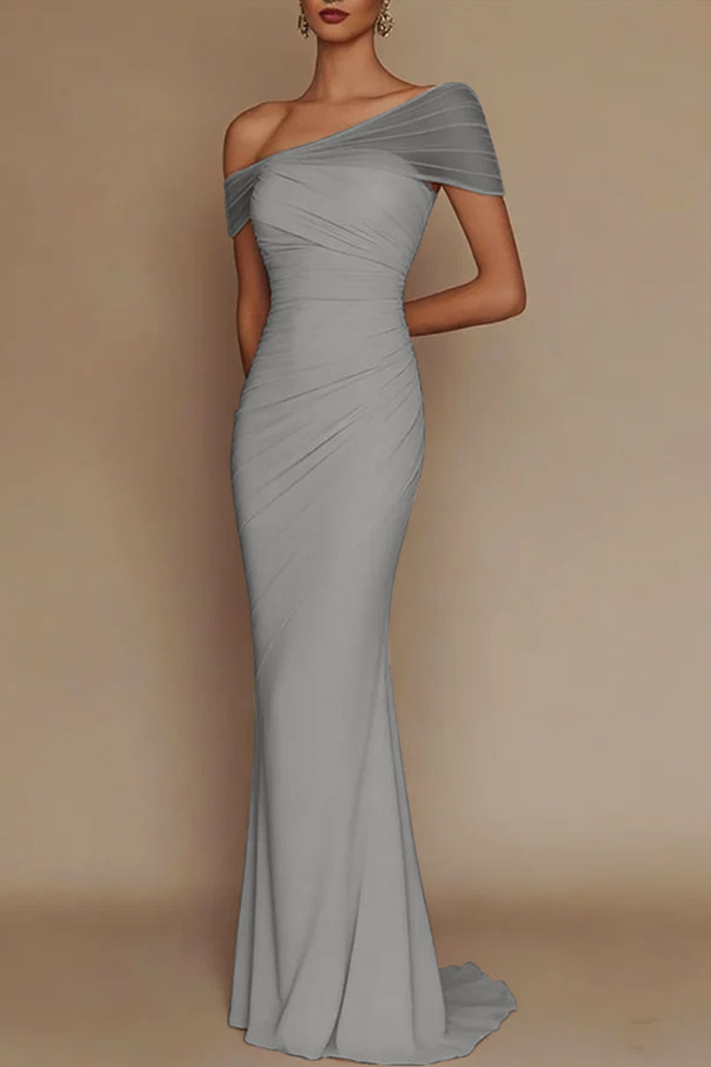 Blush Pink One-Shoulder Mesh-Patched Pleated Mermaid Maxi Dress