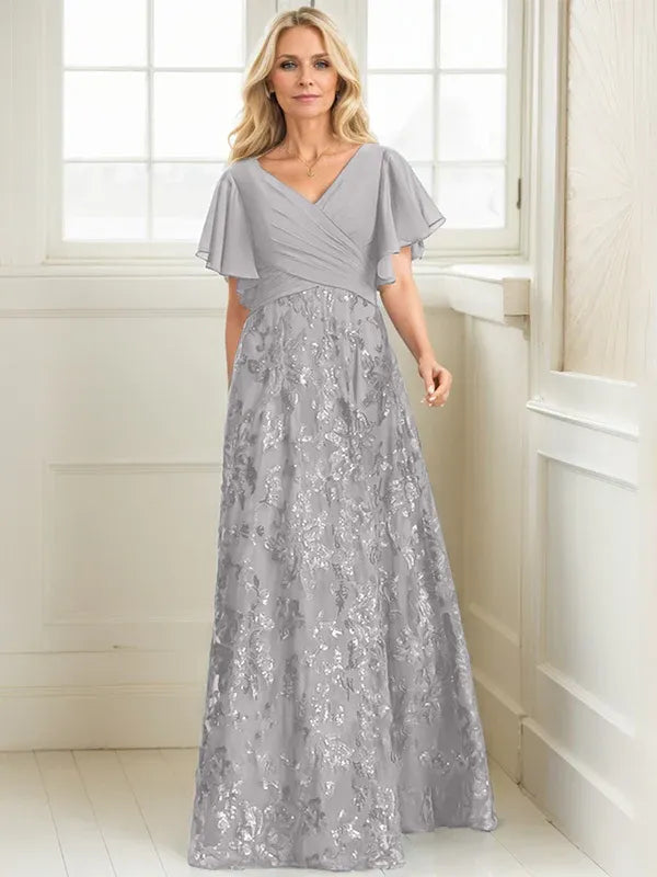 A-line V-Neck Floor-Length Lace Sequin Chiffon Mother of the Bride Dress With Pleated