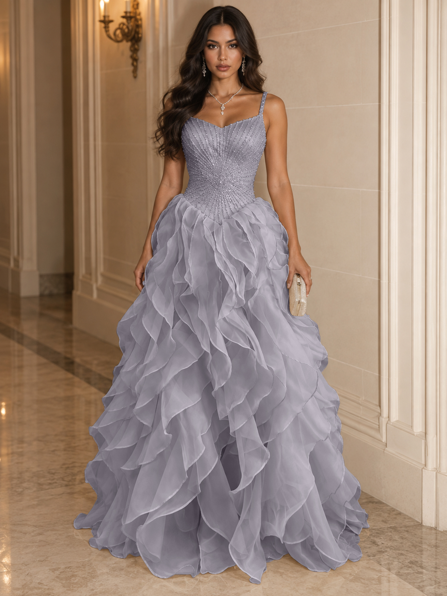 Spaghetti Straps Pleated Luxurious Maxi Evening Dresses with Beadings