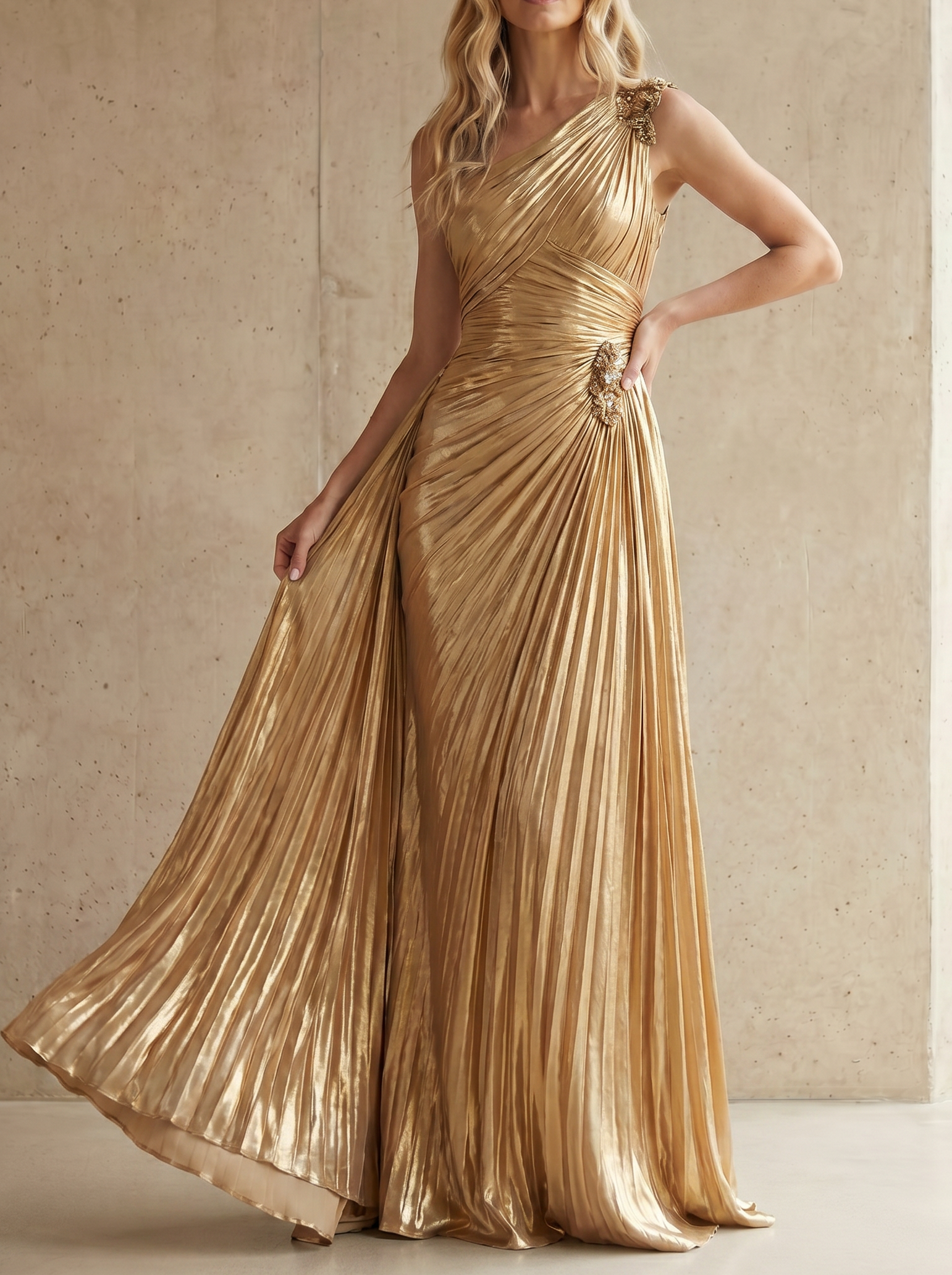Metallic Gold One Shoulder Pleated Beaded Appliqué Slit Evening Gown