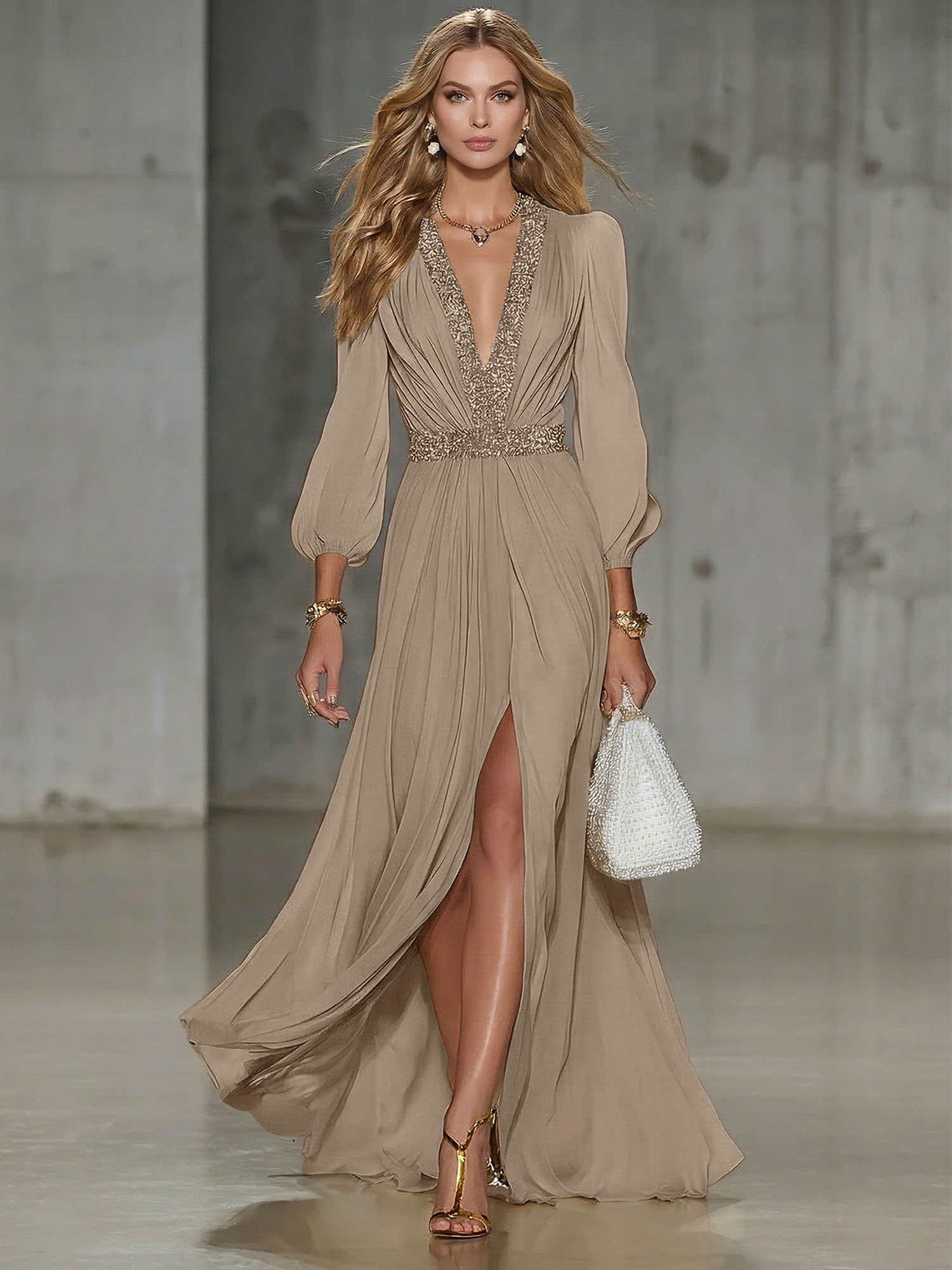 Elegant Beige Chiffon V-neck With Rhinestone Embellishments And A Side Slit Maxi Dress