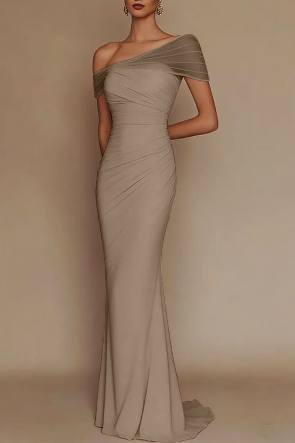 Blush Pink One-Shoulder Mesh-Patched Pleated Mermaid Maxi Dress