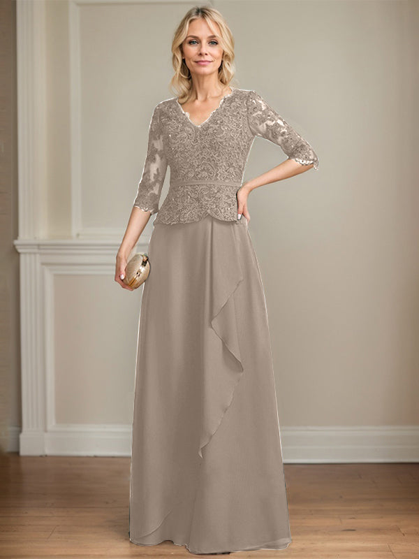 A-line V-Neck Floor-Length Lace Chiffon Mother of the Bride Dress With Cascading Ruffles Sequins